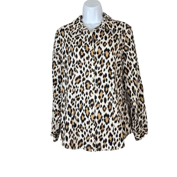 Chicos Sz 1 US 8 Womens No Iron Blouse Leopard Animal Long Sleeve Brown Beige - Picture 1 of 8